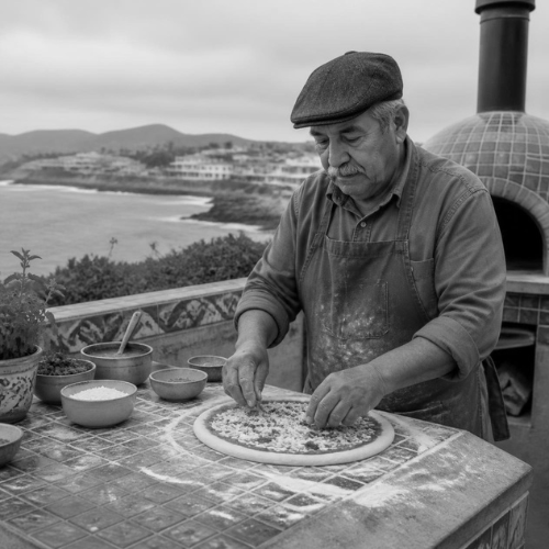 Vintage photo of Great Grandfather Carlo making pizza dough